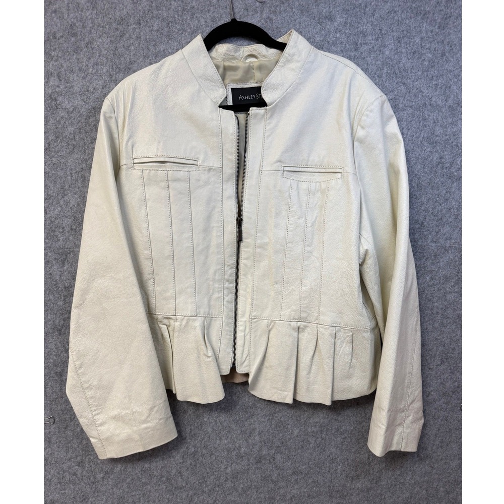Ashley Stewart‎ Womens Cream Leather Peplum Jacket Zip Front Mock Neck *READ*